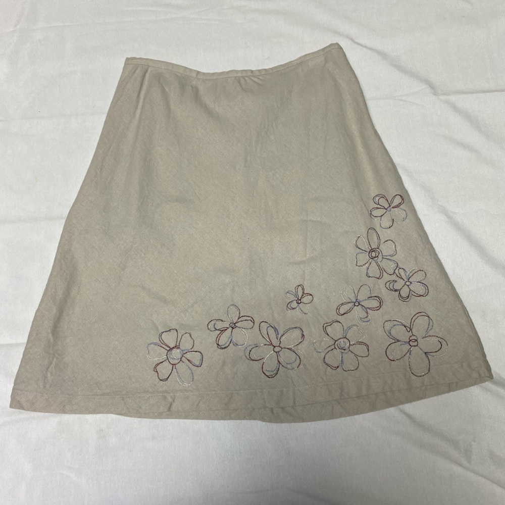 Christopher & Banks Light Beige Linen blend Skirt Flower Embroidered size 8